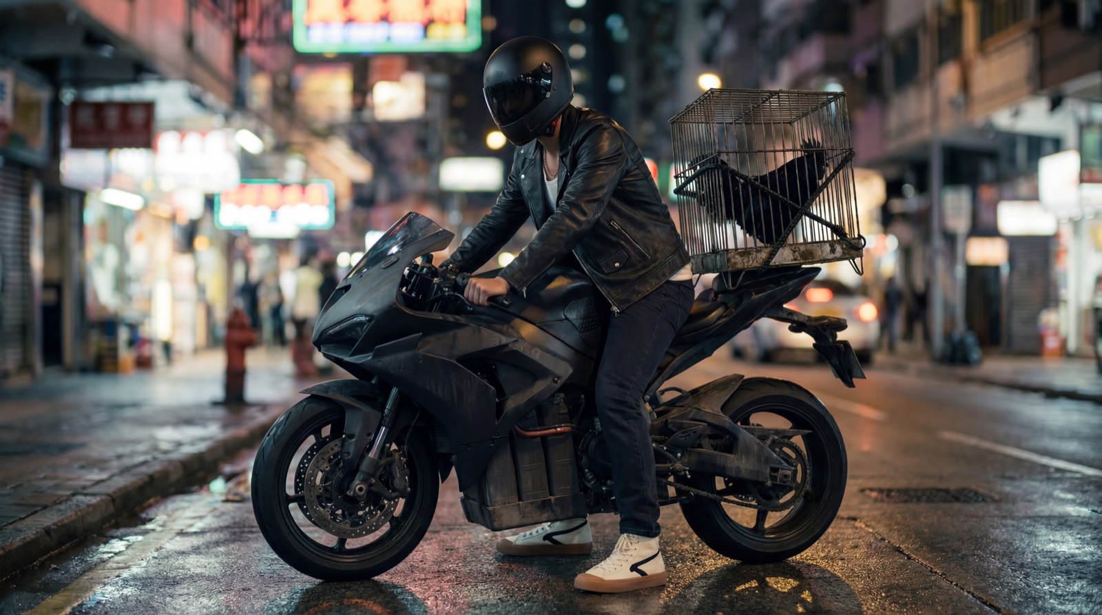 Ahmed on a black motorbike at night in Jakarta; the rooster Bro rides in a cage behind him