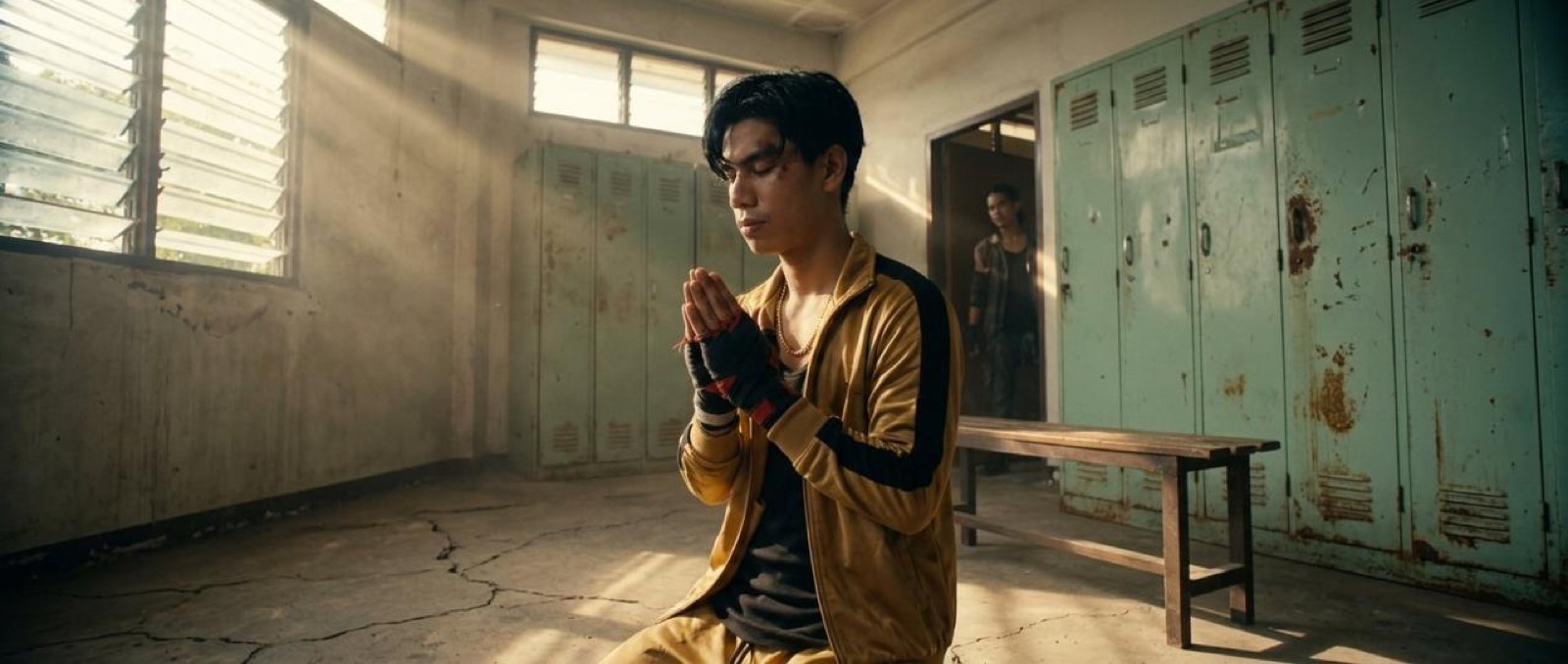 Ahmed in a worn locker room, hands folded in prayer before the fight, sunlight through the windows