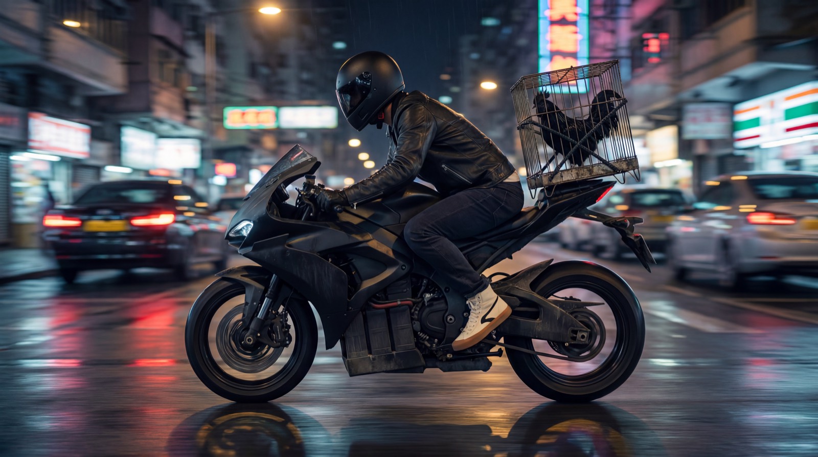 Night ride through neon-lit streets: Ahmed and Bro's cage on the back of the motorbike, motion blur
